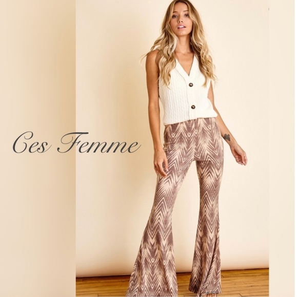 Ces Femme Pants - Women's Ces Femme Boho High-waist Chevron Print Bell Bottom Flared Pants